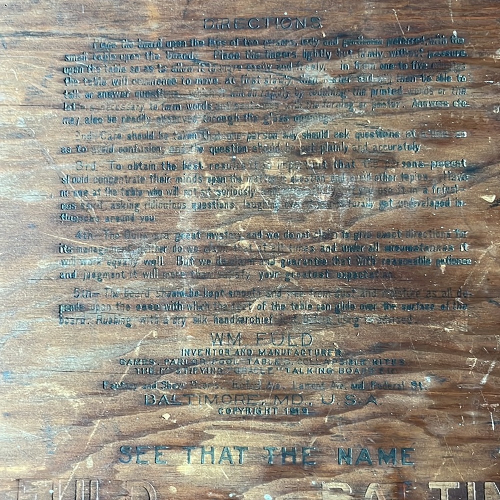 GENUINE 🧿OUIJA 👹🧙🏻‍♀️BIG BOARD 1919 WILLIAM FULD BALTIMORE MD. ☠️💀22x15 - Picture 8 of 17